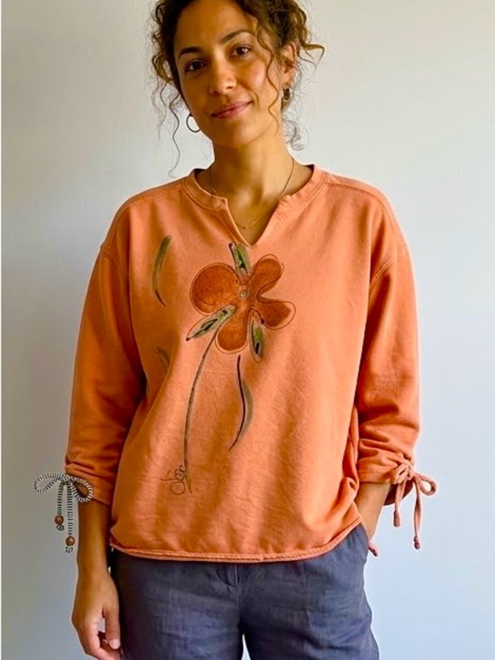 Kunky’s Hand Painted Flower Sweatshirt Large Terracotta Coral Drawstring Top